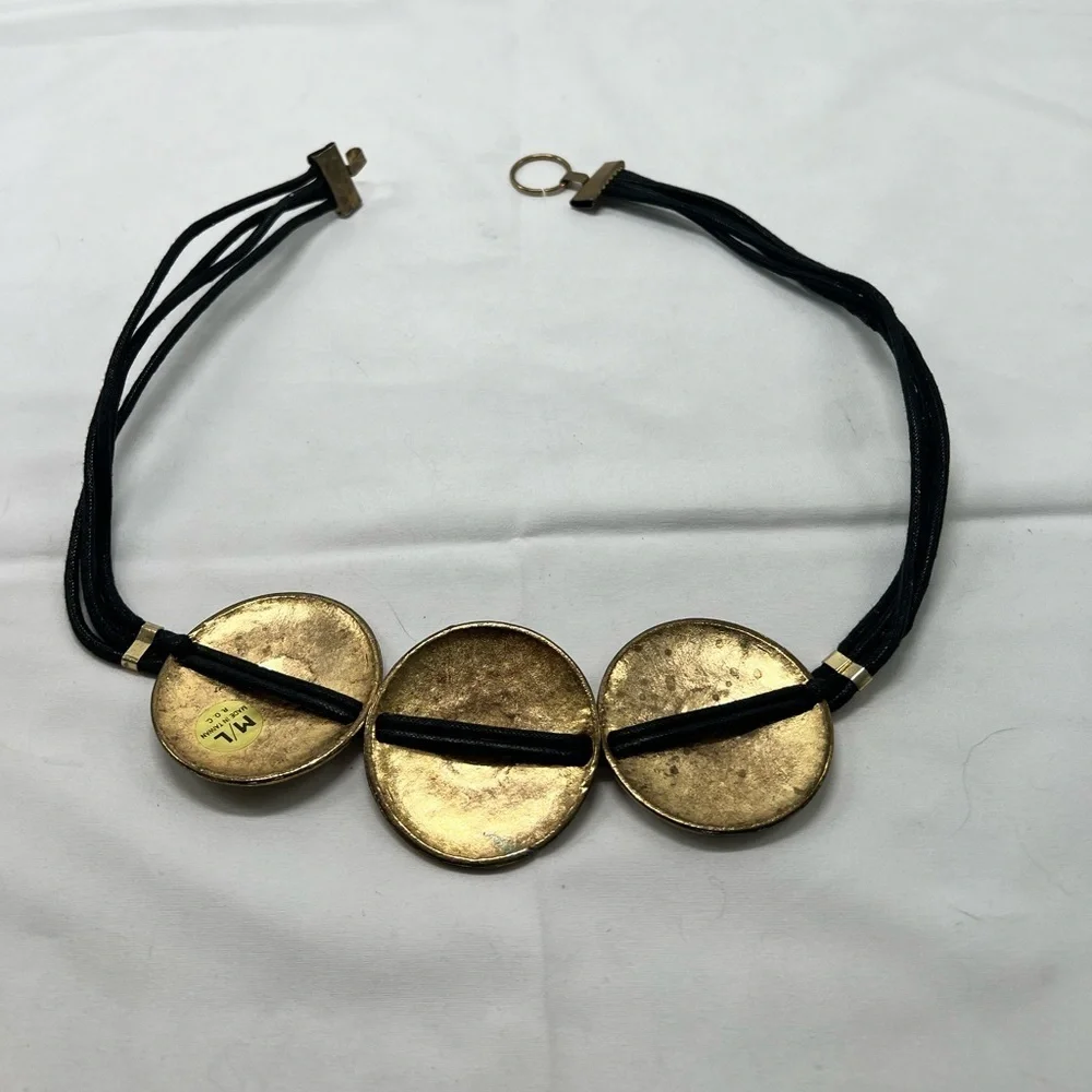 Vtg Medallion Belt Gold Metal Textured Circles Black Accents Black Cording